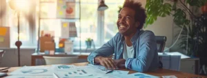 a confident business owner smiling as they overlook a tidy desk with organized financial documents and a clear, debt-free balance sheet.