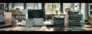 a sleek, modern office desk cluttered with stacks of invoices and receipts, alongside a calculator and laptop, symbolizing the need for professional accounting services in a business setting.