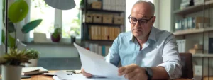 a focused accountant reviewing financial statements in a bright, modern office setting.