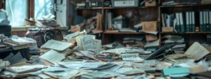 a cluttered desk with scattered receipts, invoices, and unorganized files, contrasting with a neat, labeled filing system in the background.